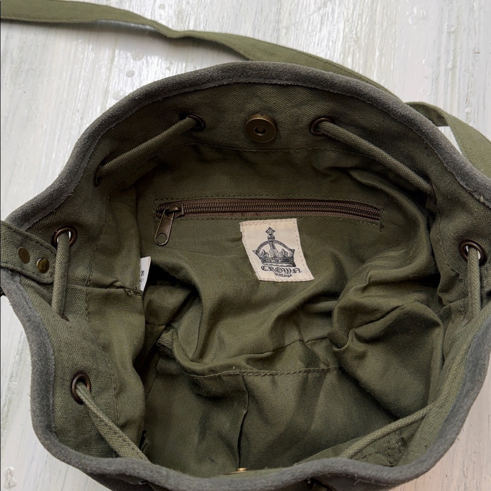 Indie Boho Gold Beaded Olive Leather/Canvas Crossbody Satchel Fringe Drawstring - Picture 11 of 14